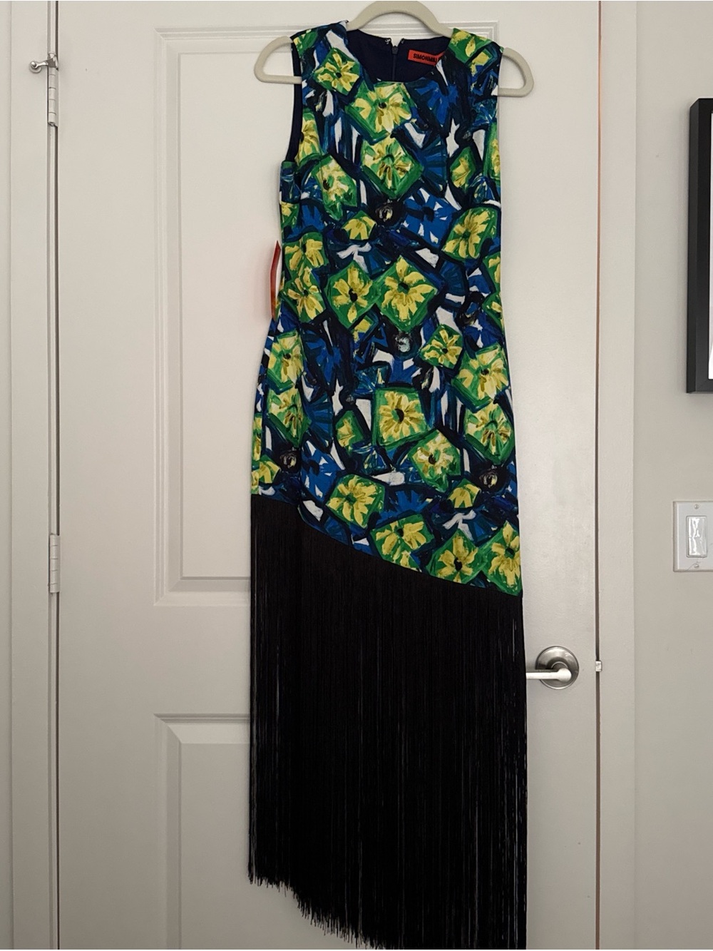 Simon Miller Sleeveless Midi Dress in Blue, Green & Black with Fringe